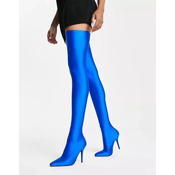 Azalea Wang Womens Blue Stiletto Heel Heart Out Extreme Thigh High Boots Size 11 - Picture 1 of 7